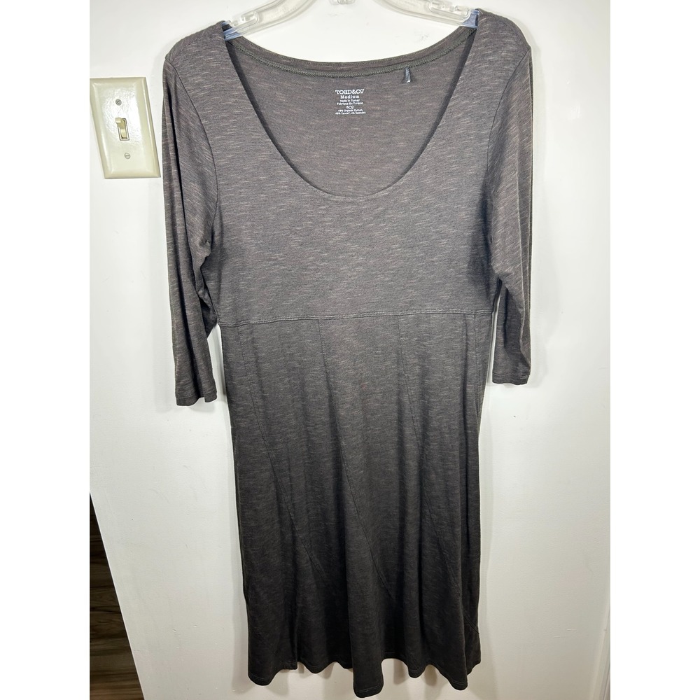 Toad & Co Dress M Brown Subtle Stripe Organic Cotton Tencel‎ Spandex 3/4 Sleeve